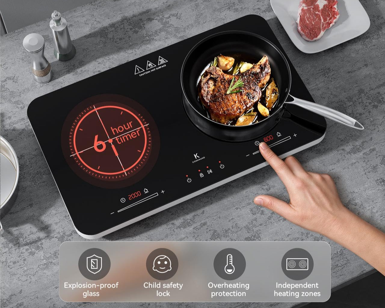 „COOKNANO Doppel-Induktionskochfeld 2 Platten 3600W – tragbar, Timer, Kindersicherung“